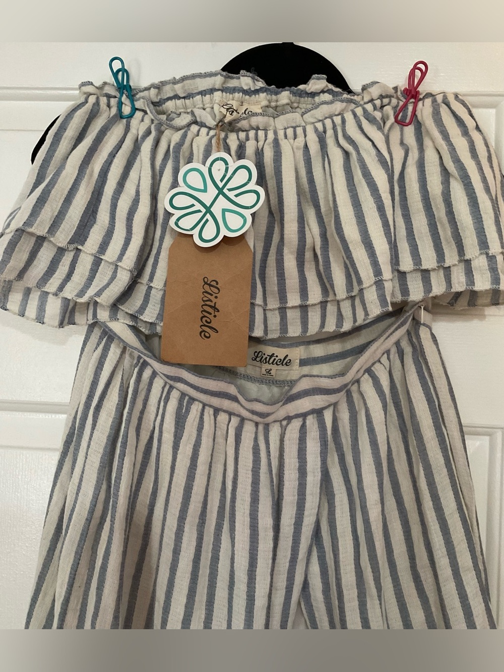 Listicle Blue and Off White (Cream) Striped Off-Shoulder Two-Piece Set